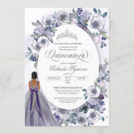 Violet Silver White Waterverf Floral Quinceanera Kaart