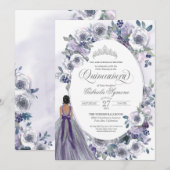 Violet Silver White Waterverf Floral Quinceanera Kaart (Voorkant / Achterkant)