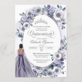 Violet Silver White Waterverf Floral Quinceanera Kaart