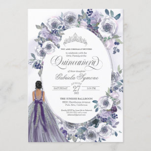 Violet Silver White Waterverf Floral Quinceanera Kaart