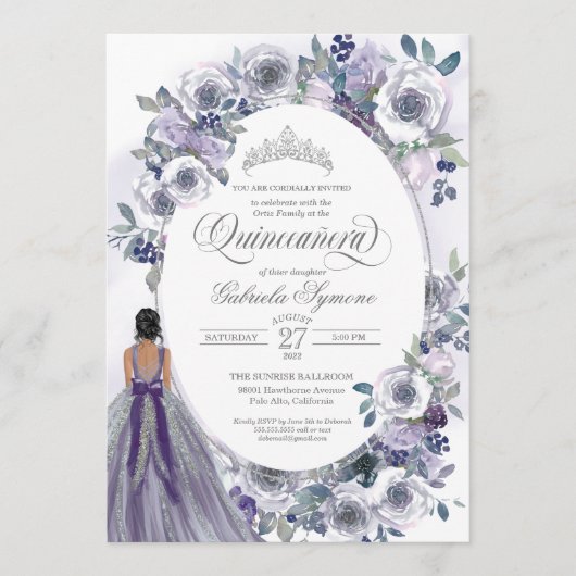 Violet Silver White Waterverf Floral Quinceanera Kaart (Voorkant)