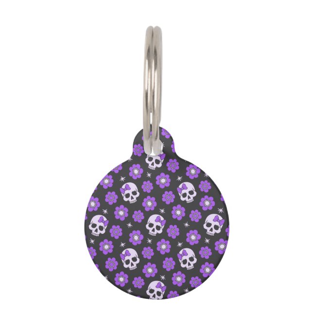 Violet Skulls en Flowers Huisdierpenning (Voorkant)
