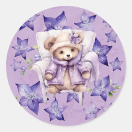 Violet Teddy Bear Stoel Sterren Meisje Baby shower Ronde Sticker