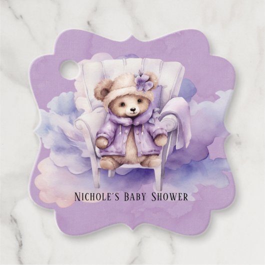Violet Teddy Bear Wolken Sterren Meisje Baby showe Bedankjes Labels (Voorkant)
