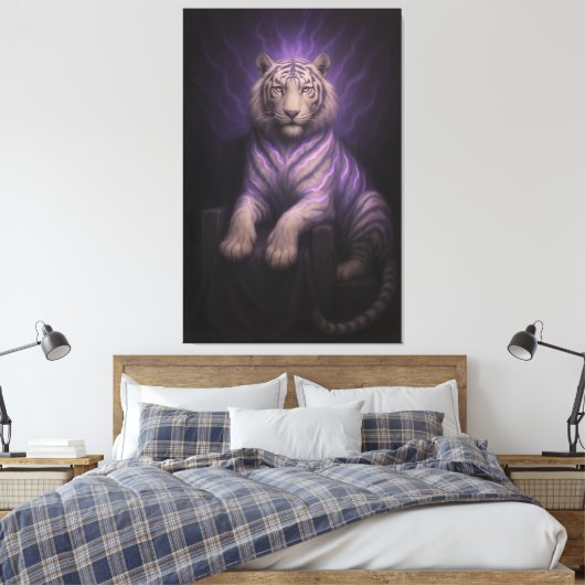 Violet Thunder Throne White Tiger – Sovereign Aura Canvas Afdruk (Insitu (Slaapkamer))