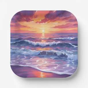 Violet Tide Paarse Zonsondergang Oceaan Golven G Papieren Bordje