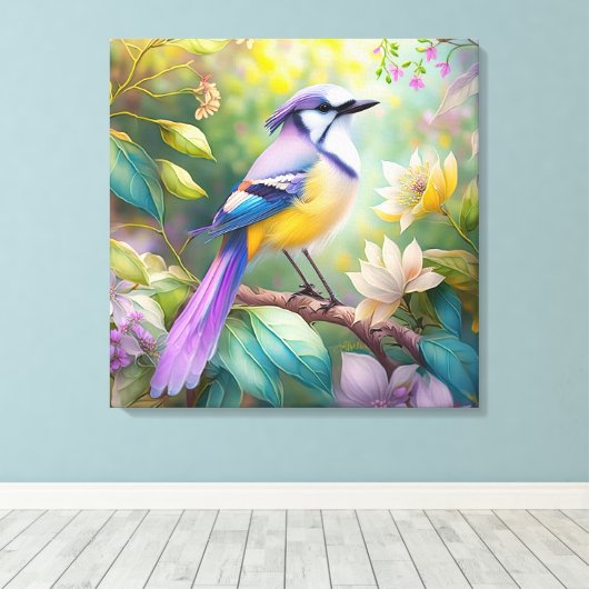 Violet Tufted Jay Fantasy Bird Canvas Afdruk (Insitu (Houten vloer))