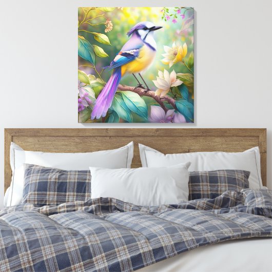 Violet Tufted Jay Fantasy Bird Canvas Afdruk (Insitu (Slaapkamer))