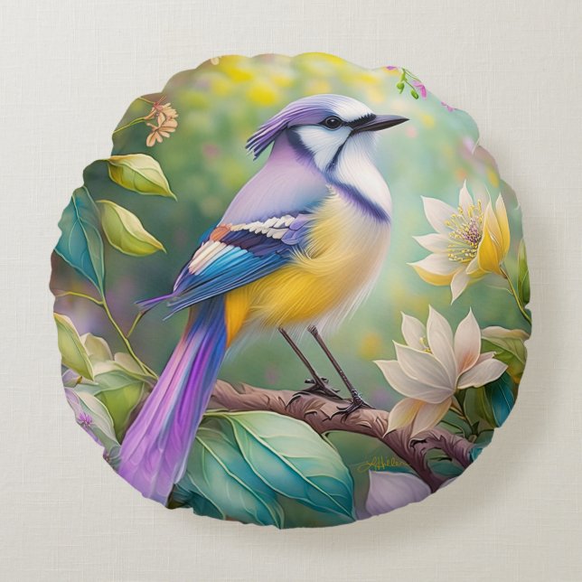 Violet Tufted Jay Fantasy Bird Rond Kussen (Voorkant)
