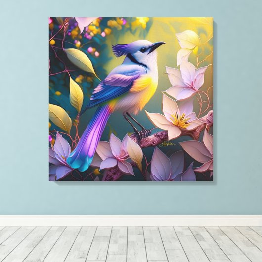 Violet Tufted Yellow Breasted Fantasy Bird Canvas Afdruk (Insitu (Houten vloer))