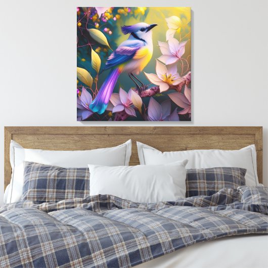 Violet Tufted Yellow Breasted Fantasy Bird Canvas Afdruk (Insitu (Slaapkamer))