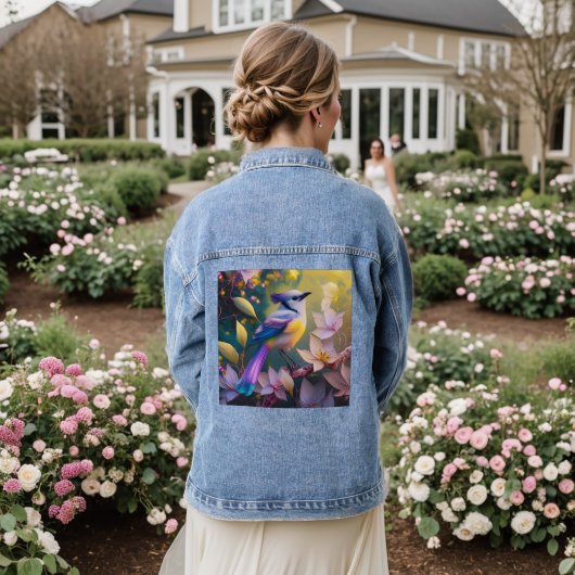 Violet Tufted Yellow Breasted Fantasy Bird Denim Jacket (Huwelijk Achterkant)
