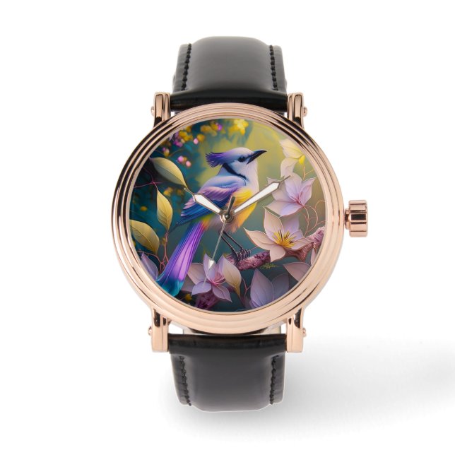 Violet Tufted Yellow Breasted Fantasy Bird Horloge (Voorkant)