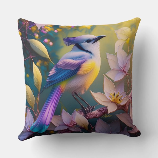 Violet Tufted Yellow Breasted Fantasy Bird Kussen (Achterkant)