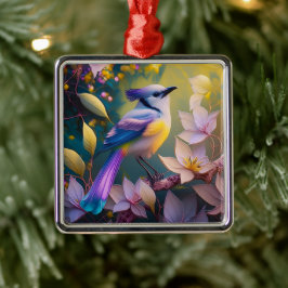 Violet Tufted Yellow Breasted Fantasy Bird Metalen Ornament