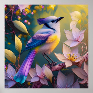 Violet Tufted Yellow Breasted Fantasy Bird Poster