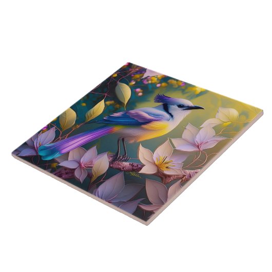 Violet Tufted Yellow Breasted Fantasy Bird Tegeltje (Zijkant)