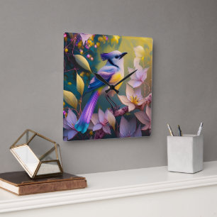 Violet Tufted Yellow Breasted Fantasy Bird Vierkante Klok