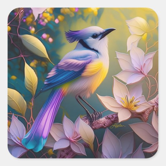 Violet Tufted Yellow Breasted Fantasy Bird Vierkante Sticker (Voorkant)