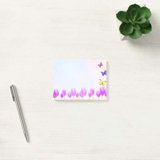 Violet tulpenbloemen en vlinderbloemigen post-it® notes (Kantoor)