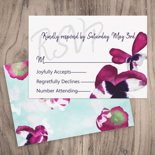 Violet, Turquoise Pansies Bruiloft RSVP Kaart