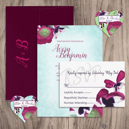 Violet, Turquoise Pansies Bruiloft RSVP Kaart