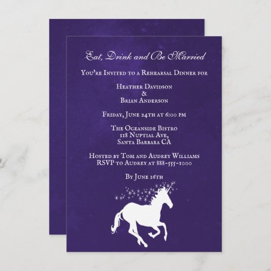 Violet Unicorn Wedding Rehearsal Dinner Invite Kaart (Voorkant / Achterkant)