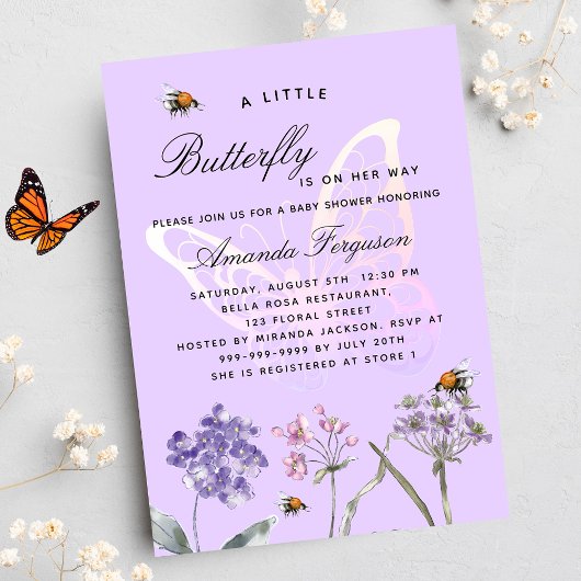 Violet vlinder wilde bloemen luxe baby shower kaart