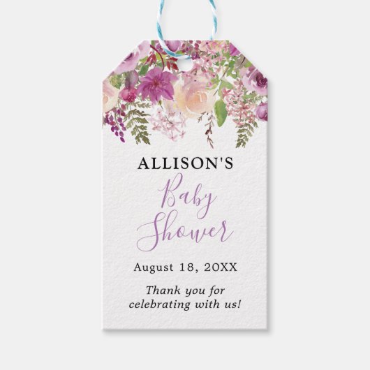 Violet Waterverf Bloemen Baby shower Gift Labels Cadeaulabel (Voorkant)