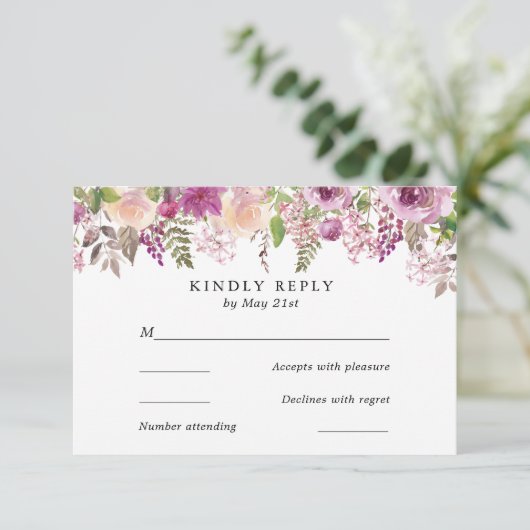 Violet Waterverf Bloemen Bruiloft RSVP Kaart (Staand voorkant)