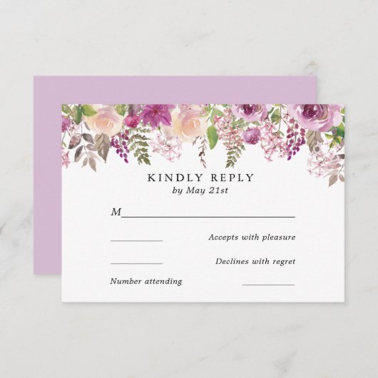 Violet Waterverf Bloemen Bruiloft RSVP Kaart (Voorkant / Achterkant)
