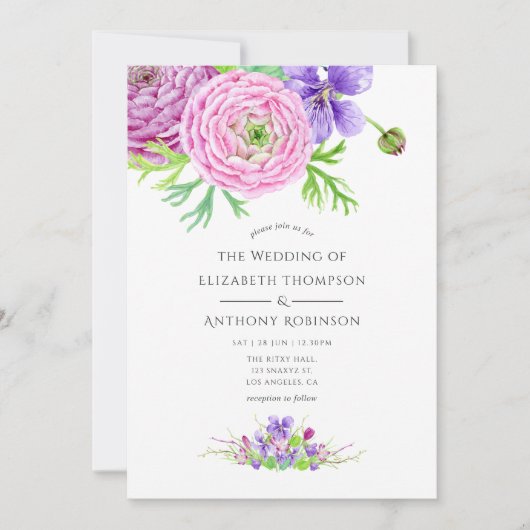 Violet Waterverf bloemenbruiloft Kaart (Voorkant)