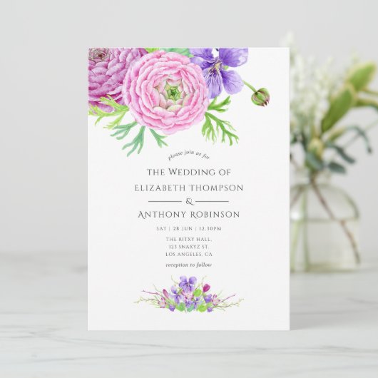 Violet Waterverf bloemenbruiloft Kaart (Staand voorkant)