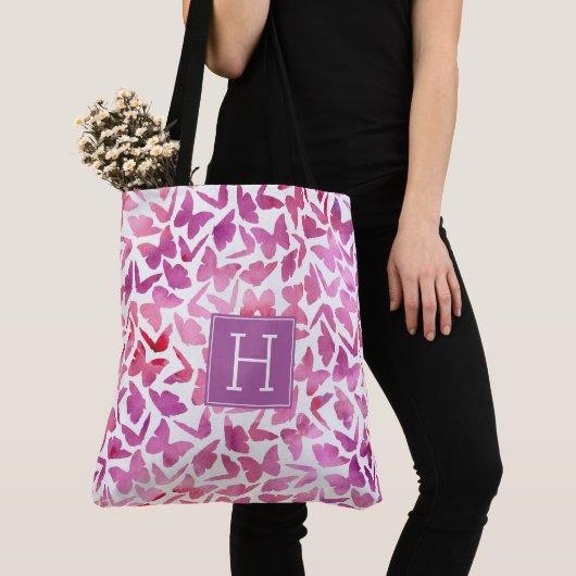 Violet Waterverf Butterflies Patroon Tote Bag (Dichtbij)