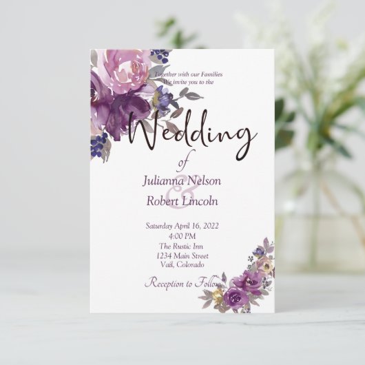 Violet waterverf floral bruiloft kaart (Staand voorkant)