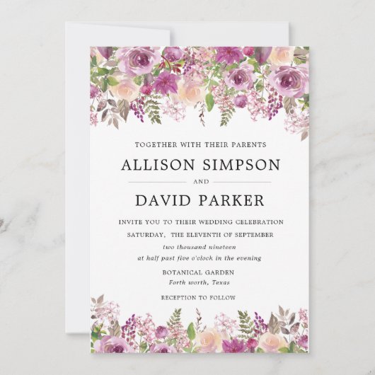 Violet Waterverf Floral bruiloft uitnodiging Kaart (Voorkant)