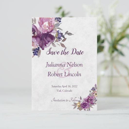Violet waterverf floral save the date uitnodiging (Staand voorkant)