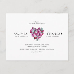 Violet Waterverf Flowers Heart Bouquet Wedding  Uitnodiging Briefkaart