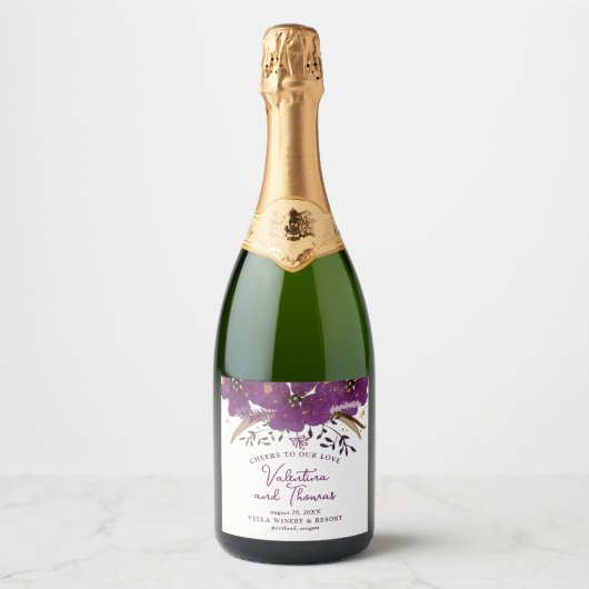  Violet Waterverf Flowers Wedding Sparkling Wijnetiket (Voorkant)