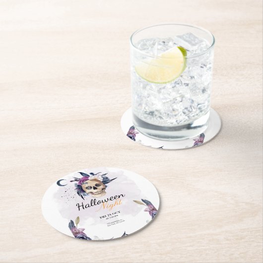 Violet Waterverf Halloween Party Gothic Skull Ronde Kartonnen Onderzetter (Insitu)