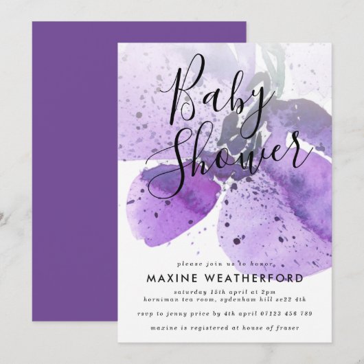 Violet Waterverf Orchid Baby shower Kaart (Voorkant / Achterkant)