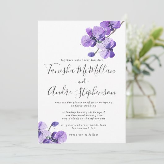 Violet Waterverf Orchids Weddenschap Kaart (Staand voorkant)