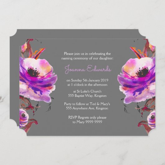 Violet Waterverf Poppies Naming-ceremonie uitnodig Kaart (Voorkant / Achterkant)