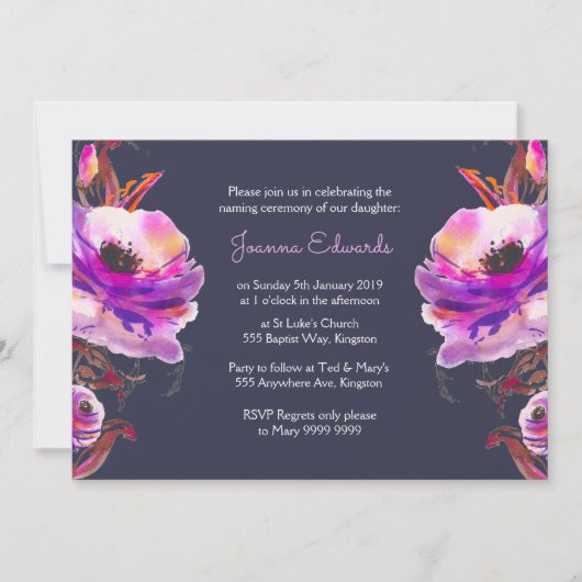 Violet Waterverf Poppies Naming-ceremonie uitnodig Kaart (Voorkant)