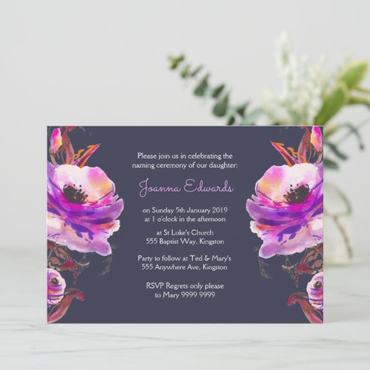 Violet Waterverf Poppies Naming-ceremonie uitnodig Kaart (Staand voorkant)