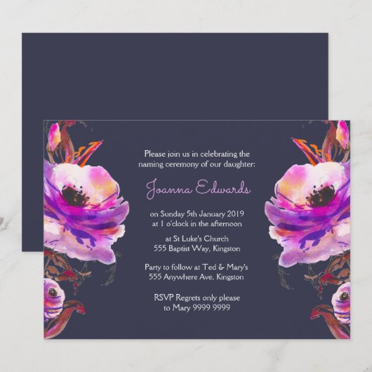 Violet Waterverf Poppies Naming-ceremonie uitnodig Kaart (Voorkant / Achterkant)
