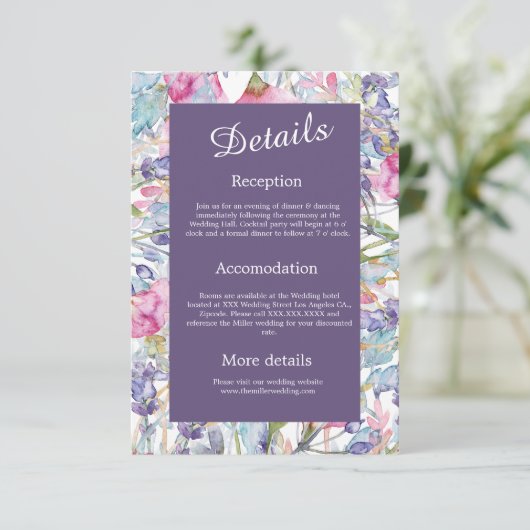 Violet waterverf Wildbloem groen gebladerte Informatiekaartje (Staand voorkant)