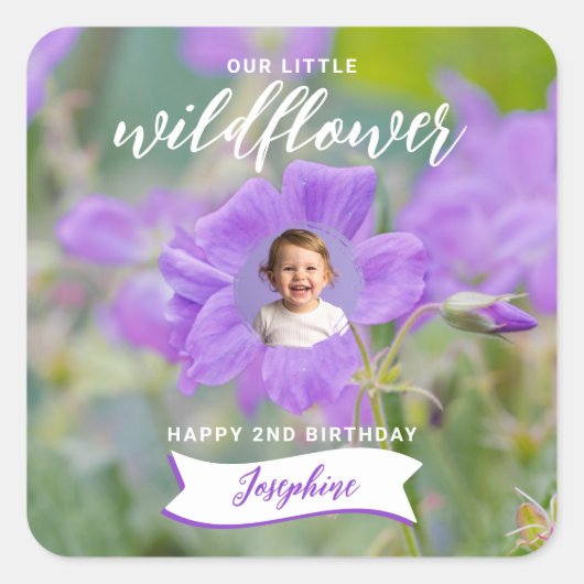 Violet Wildflower Custom Photo Happy Birthday Vierkante Sticker (Voorkant)