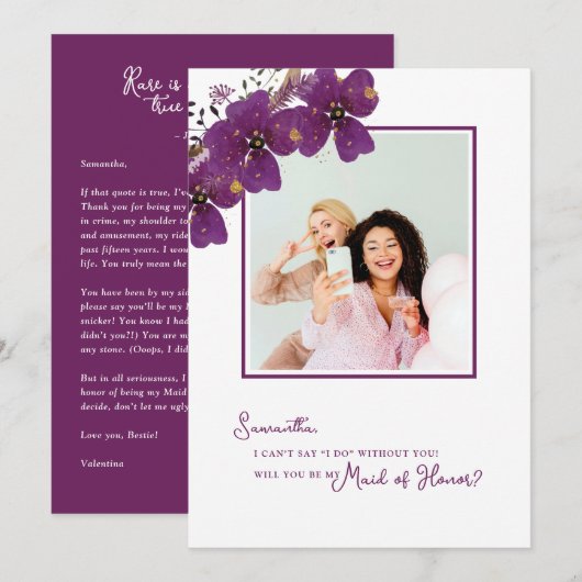 Violet Will You Be My Maid of Honor Foto Kaart (Voorkant / Achterkant)