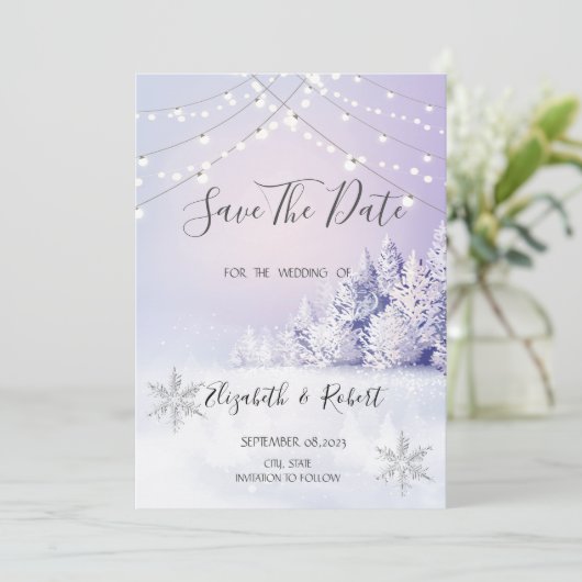 Violet Winter Forest Sneeuwlampjes sparen de datum Save The Date (Staand voorkant)